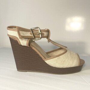 Natural Color Fabric T-Strap Wedge Sandal SZ 9W